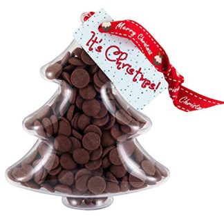 Glass Christmas tree filled with chocolate discs. Tag attached to the top says, "It's Christmas!" which is tied to the Christmas tree with a ribbon with "Merry Christmas repeating along it.